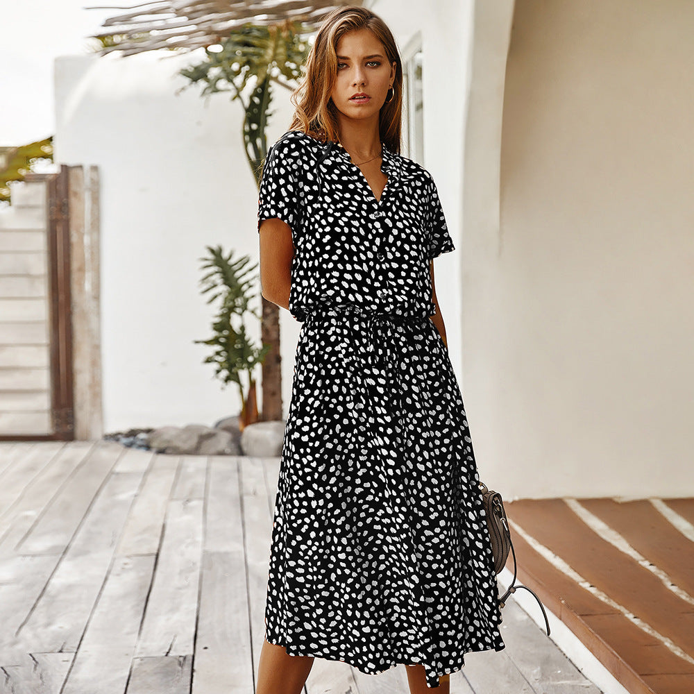 Robe à pois femme – manches courtes et col chemise, taille haute fluide (S–3XL)