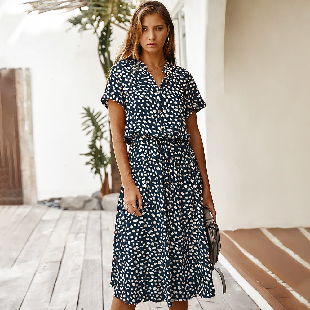 Robe à pois femme – manches courtes et col chemise, taille haute fluide (S–3XL)