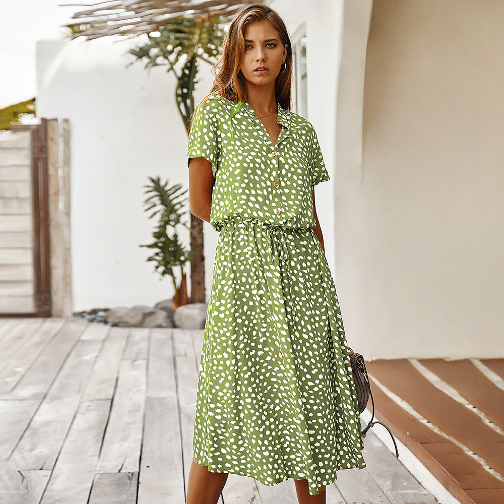 Robe à pois femme – manches courtes et col chemise, taille haute fluide (S–3XL)