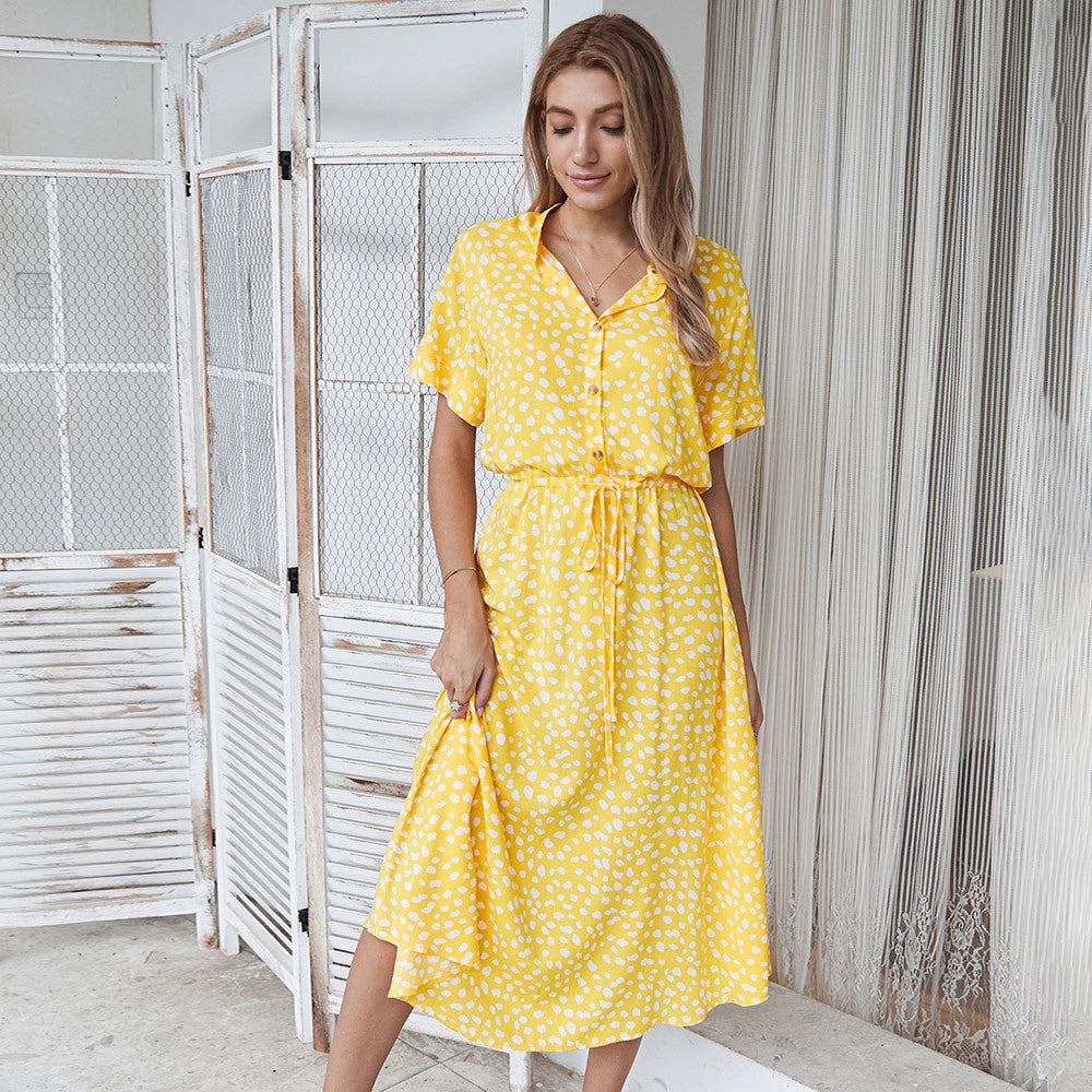 Robe à pois femme – manches courtes et col chemise, taille haute fluide (S–3XL)