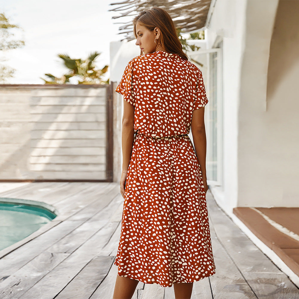 Robe à pois femme – manches courtes et col chemise, taille haute fluide (S–3XL)