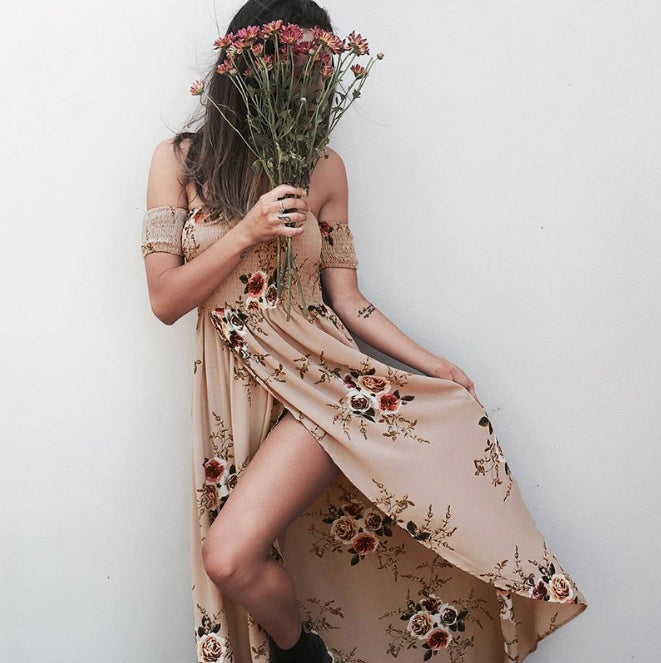 Robe longue bohème à épaules dénudées – robe d’été fluide et élégante