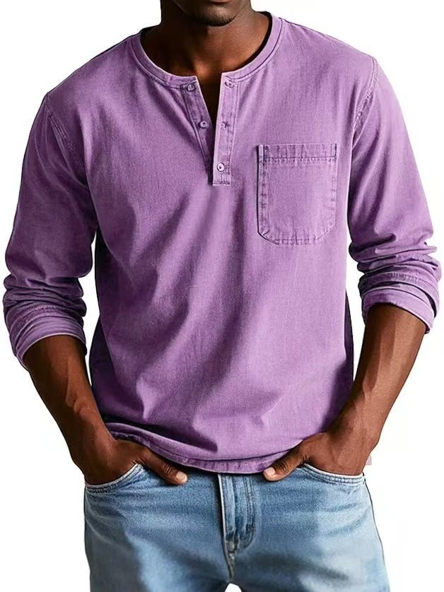 T-shirt homme col V à boutons – Manches longues et style décontracté