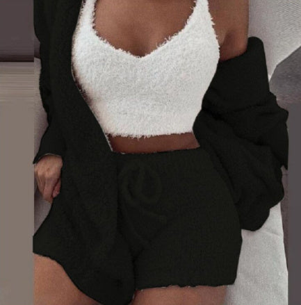 Ensemble 3 pièces femme – gilet, short à cordon et veste en velours doux