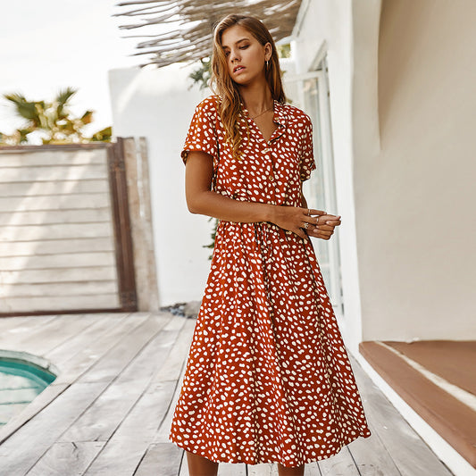 Robe à pois femme – manches courtes et col chemise, taille haute fluide (S–3XL)