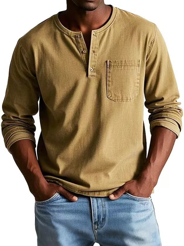T-shirt homme col V à boutons – Manches longues et style décontracté