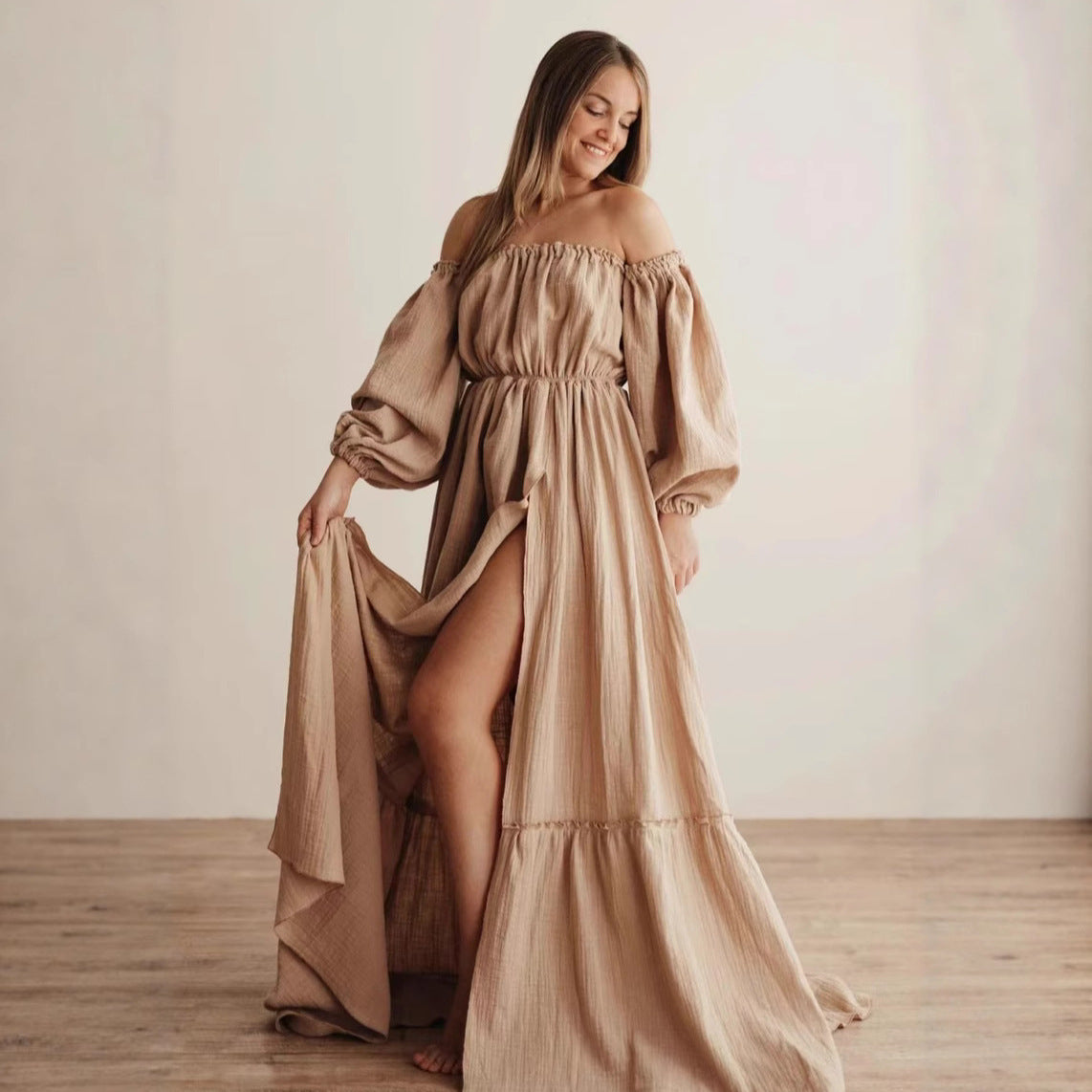 Robe de grossesse épaules dénudées à manches bouffantes – Style bohème chic