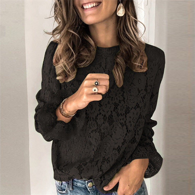 Chemisier femme dentelle creuse – manches longues et coupe ample élégante