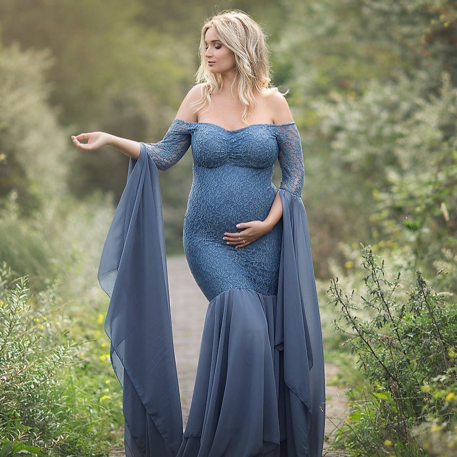 Robe longue de grossesse en dentelle à manches longues – Taille empire élégante