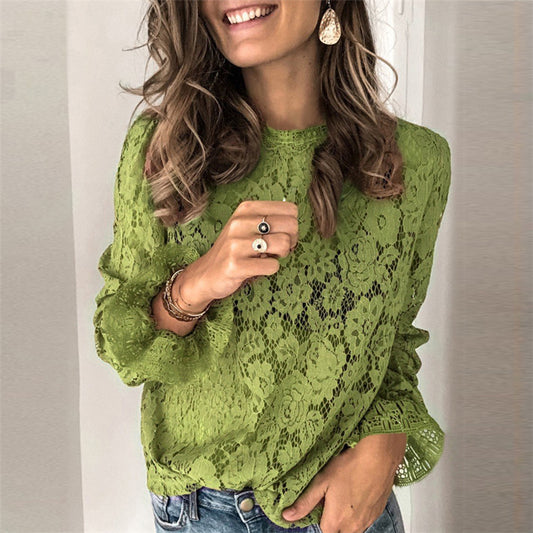 Chemisier femme dentelle creuse – manches longues et coupe ample élégante
