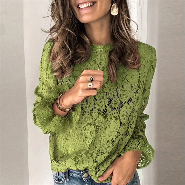 Chemisier femme dentelle creuse – manches longues et coupe ample élégante