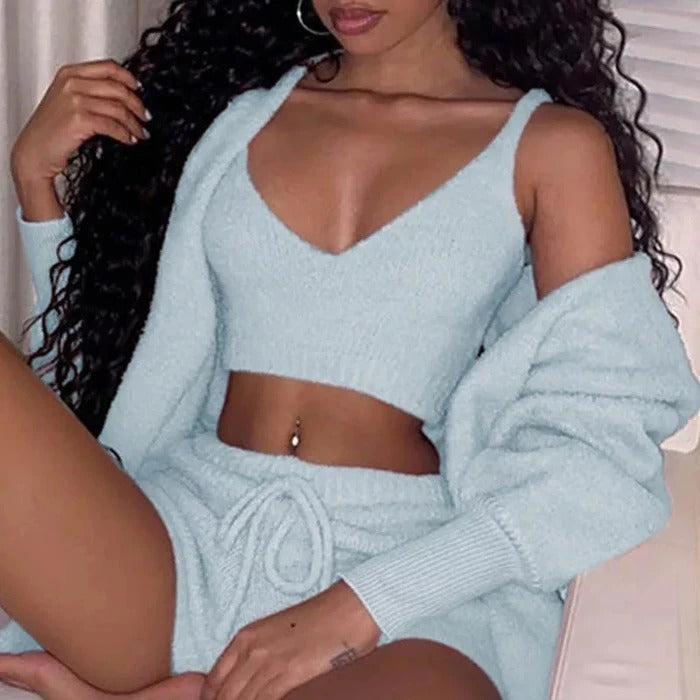Ensemble 3 pièces femme – gilet, short à cordon et veste en velours doux