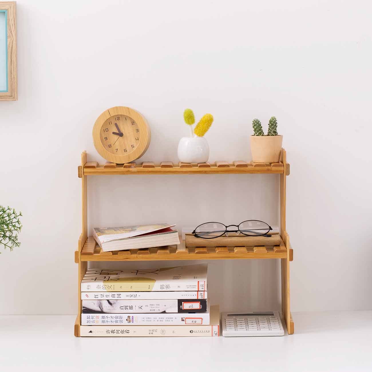 Étagère en Bambou 2 Niveaux – Rangement Compact & Naturel