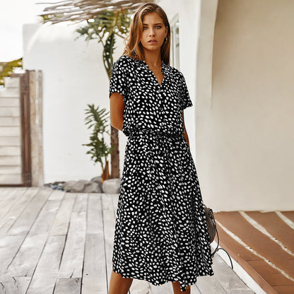 Robe à pois femme – manches courtes et col chemise, taille haute fluide (S–3XL)