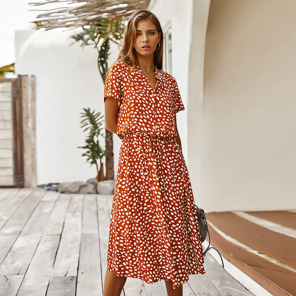 Robe à pois femme – manches courtes et col chemise, taille haute fluide (S–3XL)