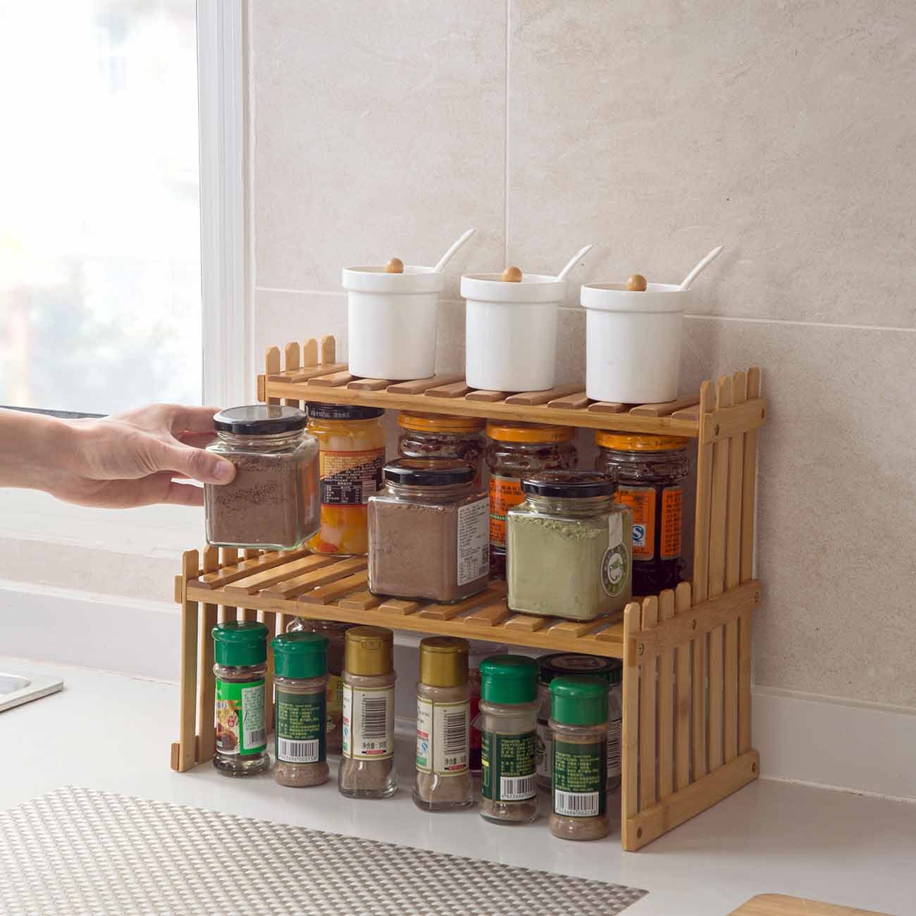 Étagère en Bambou 2 Niveaux – Rangement Compact & Naturel