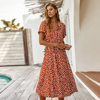 Robe à pois femme – manches courtes et col chemise, taille haute fluide (S–3XL)