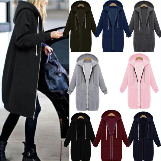 Veste longue polaire à capuche – sweat chaud femme zippé hiver