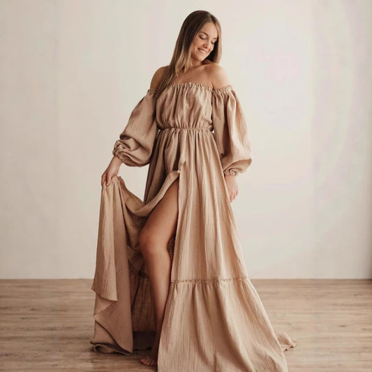Robe de grossesse épaules dénudées à manches bouffantes – Style bohème chic