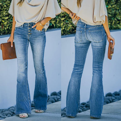 Jean femme taille haute évasé – style street en denim délavé
