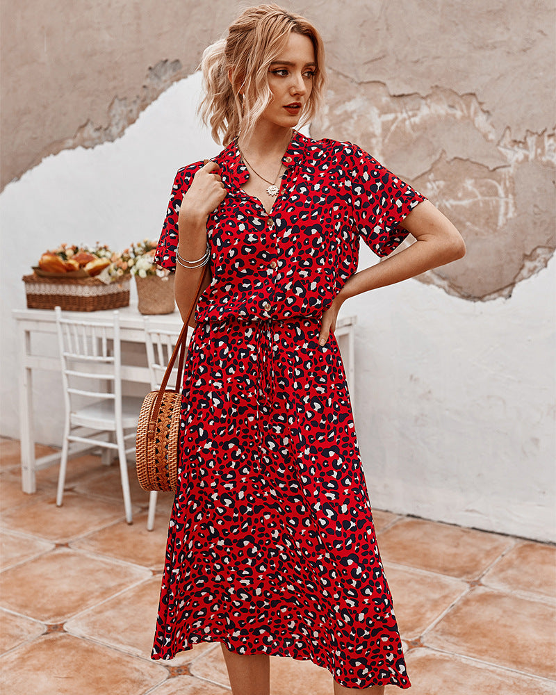 Robe à pois femme – manches courtes et col chemise, taille haute fluide (S–3XL)