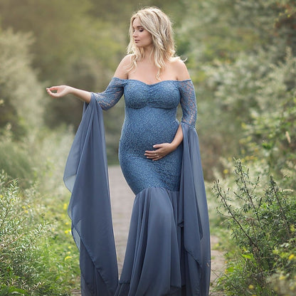 Robe longue de grossesse en dentelle à manches longues – Taille empire élégante