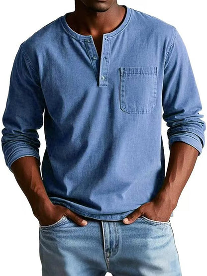 T-shirt homme col V à boutons – Manches longues et style décontracté