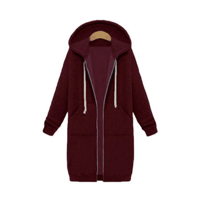 Veste longue polaire à capuche – sweat chaud femme zippé hiver